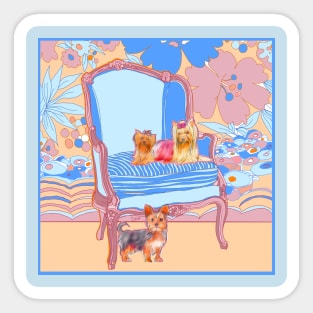 Yorkie Dogs on a French Chair with Floral Wallpaper Sticker